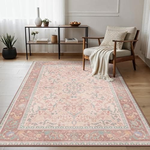 Image of GENIMO Rugs Living Room 120x170cm,Large Washable Pink Rug with Non-Slip Backing,Vintage Floral Style Short Pile Soft Carpet for Home Office & Dining Room