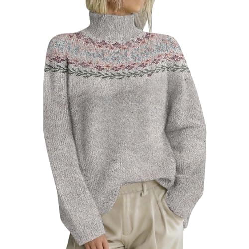 Image of Fairisle Christmas Jumper Women Fairisle Cashmere Sweaters for Women New Icelandic Turtleneck Jumpers Uk Soft Lightweight Nordic Tunic Tops Autumn Winter Warm Pullover Vintage Isle Print Knitwear