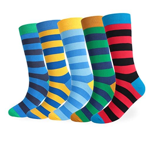 Image of FULIER Mens 5 pack Cotton Rich Smart Design Colourful Comfortable Dress Calf Socks UK 6-13 EUR 39-45 (Stripe-3)