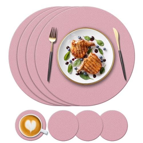 Image of KERYCHIN 4 Round Silicone Place mats + 4 Coasters Set, Heat-Resistant 450 °F Placemats, Non-Slip and Washable, Decoration Accessories for Home, Hotel, Dining Table, Indoor, Outdoor, Pink