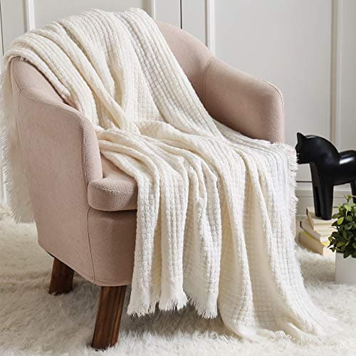 Image of CREVENT Soft Lightweight Boho Crochet Decorative Spring Summer Knitted Throw Blanket for Couch Sofa Chair Bed Home Decoration (127cmX152cmOff White/Ivory)