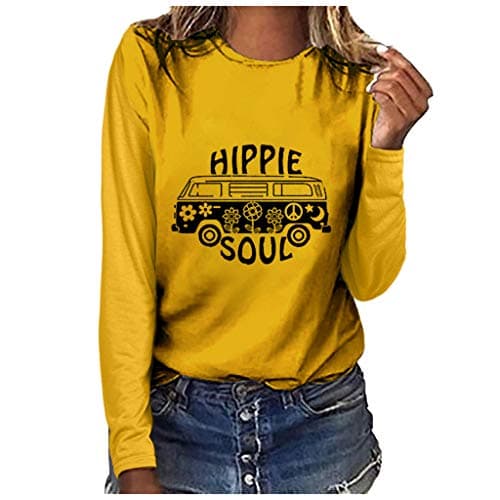 Image of Lazzboy Women Blouse Tops Long Sleeve Casual Solid Letters Slogan Star Print Fit Sweatshirt Pullover Jumper Shirt (S(6),Yellow -car)