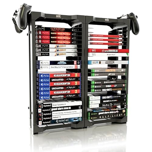 Image of ADZ Universal Game Holder – 46 Game Storage Tower Rack for PS2 PS3 PS4 PS5 PSP Xbox 360 Xbox One Series X Wii Switch Games DVD and Blu-Ray Disks. Includes 2 Controller Mounts (Black)