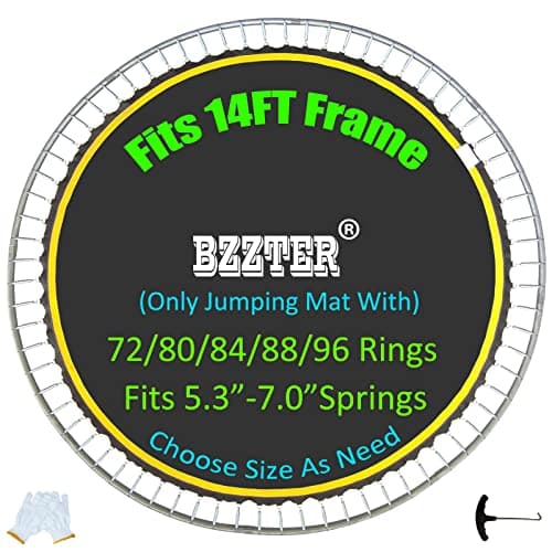 Image of Bzzter Replacement Trampoline Mat 14ft 84 Rings 150.8" Diam Fit 5.3"-5.5" Spring，Trampoline Mat Fit 14ft Frame, Not 14ft Diameter Mat,10 Rows of Stitching for Longer Lasting ,w/Pull Hook and Gloves