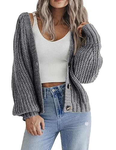 Image of HOTOUCH Cardigans for Women UK Short Chunky Cardigan Long Sleeve Jumpers Open Front Ribbed Knit Lightweight Outerwear for Winter Spring Dark Grey L