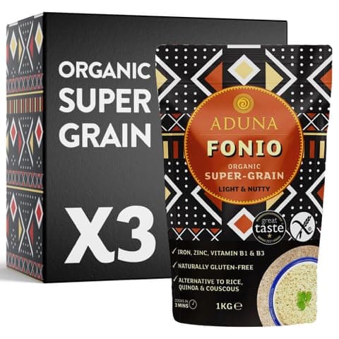 Image of Aduna Organic Fonio Supergrain | Ancient African Wholegrain Rich in Iron, Zinc, B Vitamins & Fibre | Natural Gluten-Free Rice, Quinoa & Couscous Alternative | Porridge, Salads, & Stir-Fries | 3 x 1kg