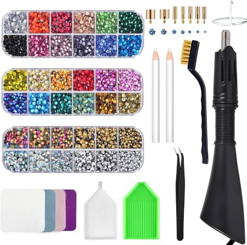 Image of Bedazzler Kit with Rhinestones, Hot Fixed Gems Craft Applicator - Diamond Painting Pen, Wax Pencil, Tweezers, Tray, Cleaning Brush & Cloth, 28 Colors Rhinestones Crystals for DIY Clothes Shoes
