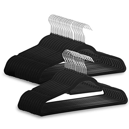 Image of Velvet Coat Hangers - Pack of 50 Black | with Tie Hanger | NonSlip Design | Jackets & Trousers | Flocked Slimline | Space Saving Clothes Organisers | M&W