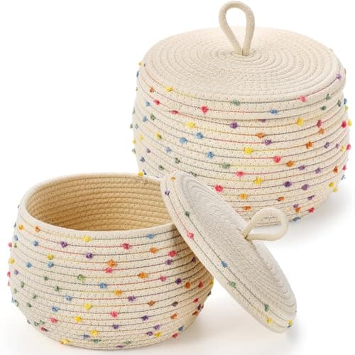 Image of Dicunoy Set of 2 Small Storage Baskets with Lid, Colorful Woven Baskets, Round Decorative Cotton Rope Storage Bins for Organizer, Cute Rainbow Empty Gift Containers for Snack, Towel, Yarn, Nursery