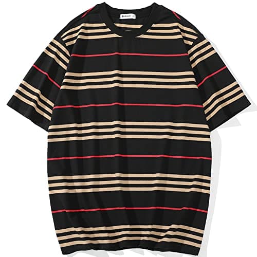 Image of KLIEGOU Men's Fashion Loose Fit Crewneck Stripe T-Shirt, 6132 Black, Large