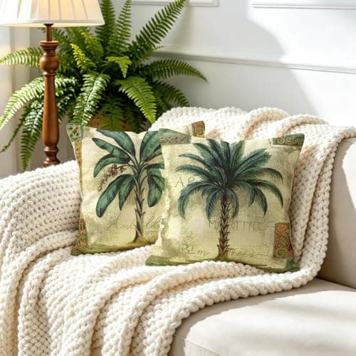 Image of BREASOME Cushion Covers 45 x 45 cm Set of 2 Botanical Tropical Palm Trees Cushion Covers Linen Decorative Square Throw Pillow Cases for Sofa Couch Bedroom Living Room