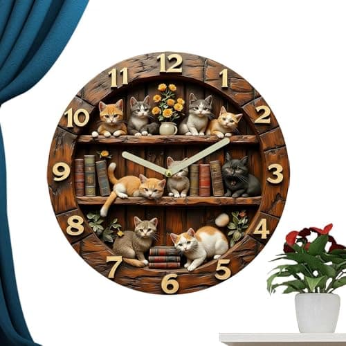 Image of Decorative Wall Clock | Round 8 Inch Decorative Wooden Animal Decor | Bookshelf Cat Wall Clock - for Bedroom, Living Room, Classroom, Dorm, RV, Garage, Gym, School, Nursery, Entryway, Hallway