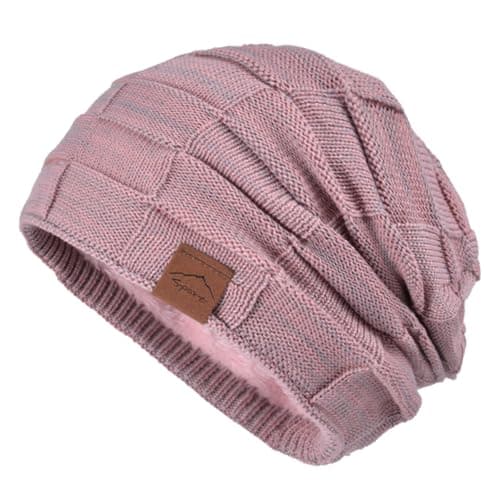Image of meioro Women Beanie Hat Winter, Knitted Warm Hats, Fleece Lined Women's Beanie Cap, Thermal Windproof Thickened Beanies for Ladies, Slouchy Thick Soft Elastic Caps for Outdoor(Pink)