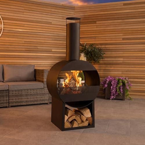 Image of CHARLES BENTLEY 129cm Outdoor, Garden, Patio, Black Powder Coated Steel Modern Patio Heater, Chimenea, Wood And Charcoal Burner, With Poker, Log Storage, Contemporary Design, In Black (129x55x40cm)