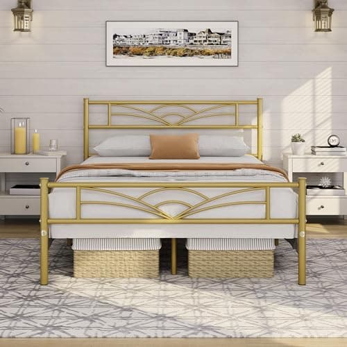 Image of Yaheetech 4ft6 Double Bed Solid Bed Frame with Cloud-inspired Design Headboard and Metal Bed Slats, Ample Under-bed Storage Antique Gold