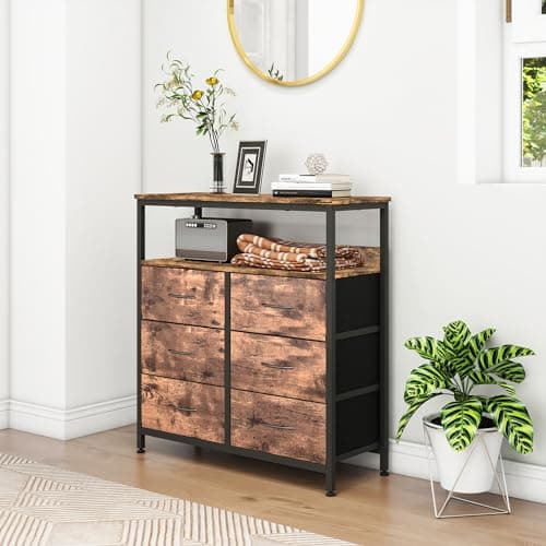 Image of HOMERECOMMEND Chest of Drawers,6-Drawer Storage Organizer Unit for Bedroom Living Room Closet, Sturdy Steel Frame, Easy Pull Fabric Bins & Wooden Top, Fabric Dresser