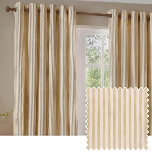Image of Yard furn Hebden Eyelet Curtain Pair – Ultra Soft Cotton Lined Striped Curtains (Honey Yellow - 117x137cm)