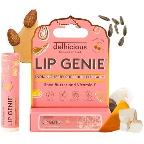 Image of Delhicious Nourishing Lip Balm for Dry Cracked Lips - Shea Butter, Vitamin E, Mango Butter, Castor Seed Oil - Super Rich, Moisturising Lip Repair - 99% Natural, Vegan - Cherry Flavoured Lip Balm