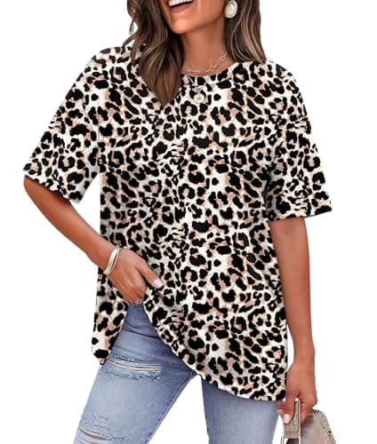 Image of Aokosor Summer T Shirts for Women UK Oversized Ladies Tops for Women UK Crewneck Short Sleeve Basic Loose Fit Ladies T Shirts Size 22-24 2XL Leopard Print