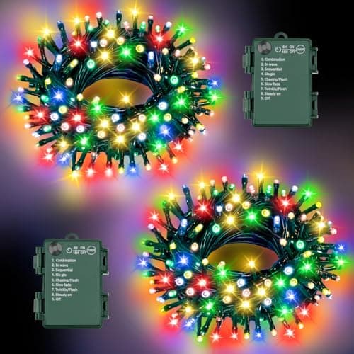 Image of FFZZKJ Christmas Lights Outdoor Total 100 LED 8 Modes with Timer Waterproof 16.4Ft*2, 50LED*2 Fairy Lights Battery Operated for Christmas Decorations, Multi-Coloured