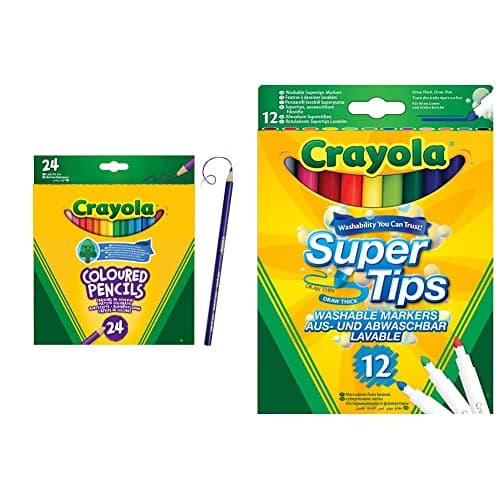 Image of CRAYOLA Colouring Pencils - Assorted Colours (Pack of 24) & SuperTips Washable Markers - Assorted Colours (Pack of 12) | Premium Felt Tip Pens That Can Easily Wash Off Skin & Clothing
