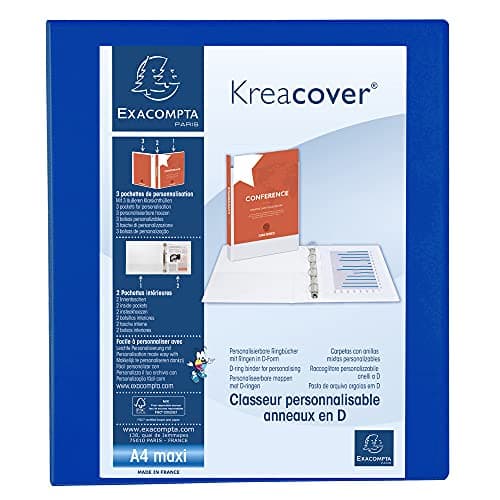 Image of Exacompta - ref. 51842BE - 1 customizable rigid opaque binder with 3 pockets - 4 D-rings of 30 mm - Spine 47 mm - External dimensions: 32 x 27.7 cm - Format to be filed A4 Maxi - Colour: blue