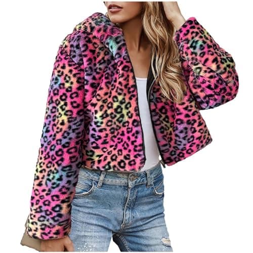 Image of ANHATUIV Leopard Fleece Jacket Women Faux Fur Cropped Coat Faux Fur Shaggy Short Coat Borg Trucker Jacket Long Sleeve Fluffy Shacket Sherpa Jackets Soft Coats Outwear for Women UK Size Fuzzy Outwear
