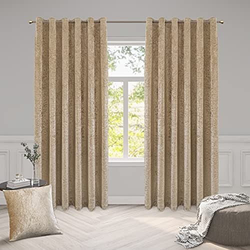 Image of ROOEE Luxury Crushed Velvet Curtains PAIR Fully Lined Eyelet Ring Top For Bedroom, Living Room, Kitchen, Office (Champagne Gold, 46" Wide x 54" Drop)