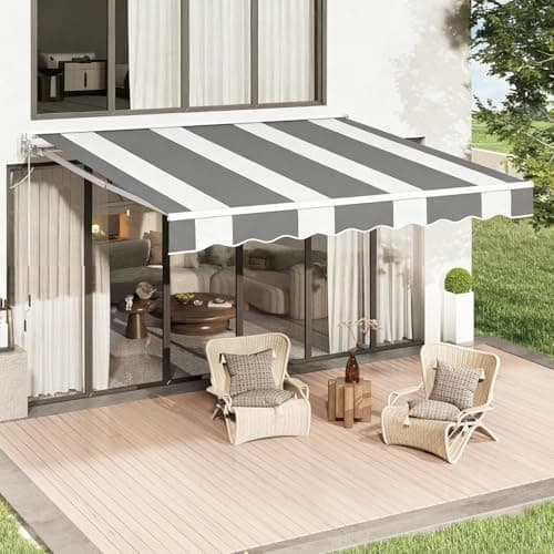 Image of YODOLLA 4x3m Retractable Manual Awning, Garden Sun Shade DIY Folding Awning with Hand Crank Patio Canopy, Anti-UV and Waterproof for Courtyard, Balcony, Restaurant, Grey-White