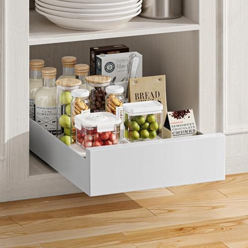 Image of Warmiehomy Pull Out Cabinet Organiser 25cm Width Slide Out Drawer Storage Extendable Sliding Shelves for Kitchen Cupboard, Pantry, Bathroom, White Sliding Drawer No Need Drill, 25x43x8cm