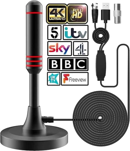 Image of 2026 Newest HDTV Aerial - Indoor TV Aerial for Smart TV with Signal Booster - Digital TV Aerial for Freeview TV 600 Miles Long Range Support 4K 1080P -With Magnetic Base / 16.5FT Coax Cable (T808)