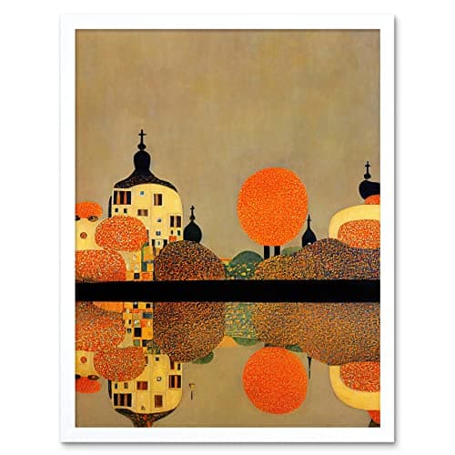 Image of Wee Blue Coo Gustav Klimt Style Autumn Lakeside Town Church Reflection Artwork Framed Wall Art Print 9X7 Inch