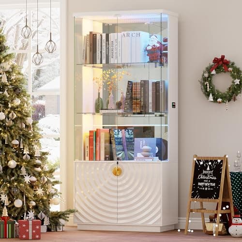 Image of Gurexl RGB Glass Display Cabinets with 2 Cupboards,70.9” Storage Bar Cabinet with Lights and Human Sensor,Standing display case with Lockable Glass Door for Curio,Wine,Models, Living Room,White