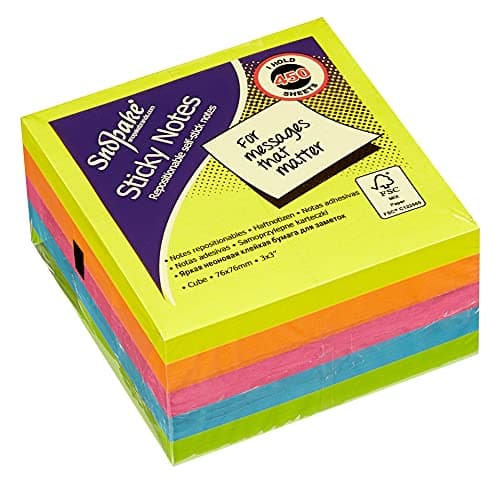 Image of Snopake 76 x 76 mm Neon Assorted Sticky Notes [Cube of 450 Sheets] 11702, Neon/Assorted Colours