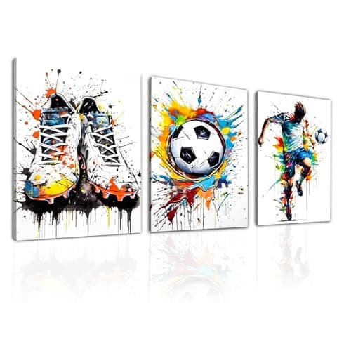 Image of Rongxze 3 Pieces Graffiti Boys Room Murals, Paintings with Football Shoes, Ball & Player, Sports Decoration for Bedroom, Game Room, Boys Room, Living Room (40 * 30cm)