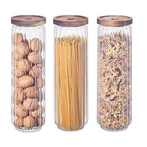 Image of Eden & Willow Ribbed Airtight Glass Kitchen Storage Jar with Acacia Wooden Lid - Pantry Organisation Canisters for Coffee, Tea, Sugar, Flour, Pasta, Spices, Grains, Oats (3, 1500ml)