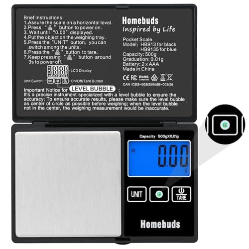 Image of Homebuds 500g Digital Scales High Precision in 0.01g with LEVEL BUBBLE, Assured by Pocket Scales Professional Factory SINCE 2001, Kitchen Scales for Lab, Kitchen, Coffee, Jewelry; 2*AAA, Black