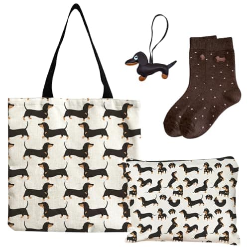 Image of Dachshund Gifts Set 4Pcs for Women Girls Sausage Dog Tote Bag Makeup Bag Funky Socks & Keyring Dogs Lover Birthday Presents for Girls Daughter Niece Mum Auntie Wife Friends (Dachshund)