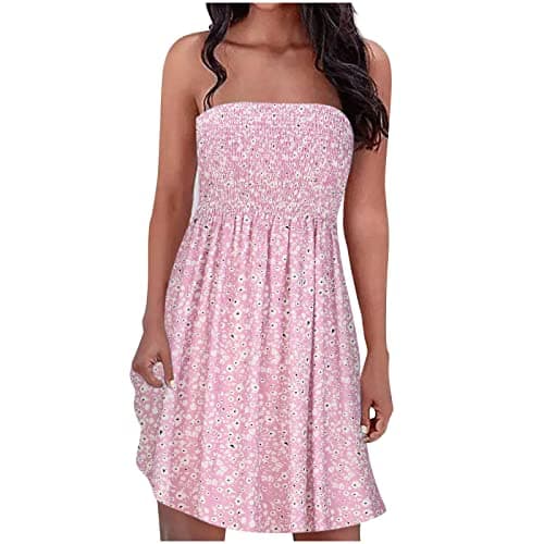 Image of Bandeau Dresses for Women UK Sale Clearance Summer Casual Midi Dress Strapless Sleeveless Breast Wrap Dresses Ladies Ruffle Bohemian Flowy Holiday Beach Dresses Floral Print Boho Beach Dresses
