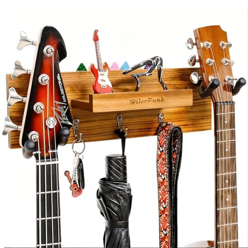 Image of Guitar Wall Mount,Solid Wood Guitar Wall Hanger with 3 Storage Hooks and 2 Rotatable Rubber Guitar Hanger,Guitar Display Stand with Shelf and Pick Holder for All Size Guitar-Zebra Wood Color