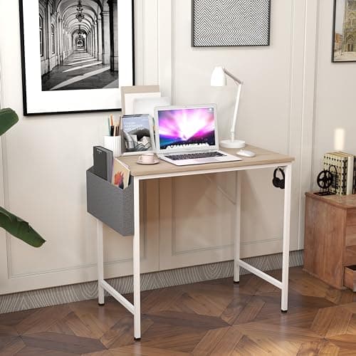Image of Panana Study Computer Desk Home Office Writing Small Desk, Modern Simple Style PC Table with Storage Bag and Headphone Hook, Sturdy Metal Frame (Oak, 100 x 50 cm)