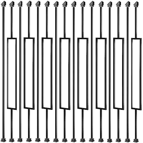 Image of Vilstomes Deck Balusters, 16 Pack Wrought Iron Balusters, 1/2" Deck Railing Stair Metal Deck Spindles, Staircase Baluster W/ 32 Pack Iron Baluster Shoes (8 Straight +8 Single Rectangle)