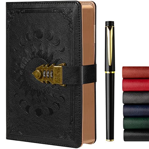 Image of ZXHQ Lock Diary with Pen, A5 Ruled 240 Pages PU Leather Journal with Lock, Refillable Hardcover journals for Writing Personal Planner Organizer for Men and Women, Size A5(8.5 × 5.9 Inch) Black
