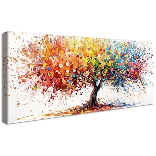 Image of Framed Large Canvas Wall Art For Living Room Colorful Tree of Life Painting Wall Decor For Bedroom Red Orange Blue Abstract Picture Poster Canvas Prints Dining Room Office Artwork Decor 50x120cm