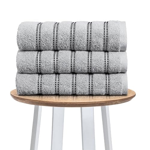 Image of Lions Bath Sheet Towels 3 Pack - Premium Striped 100% Egyptian Cotton Towel Set 90x150cm - Ultra Soft and Highly Water Absorbent, Extra Large Thick Bathroom Sheets, Silver Grey
