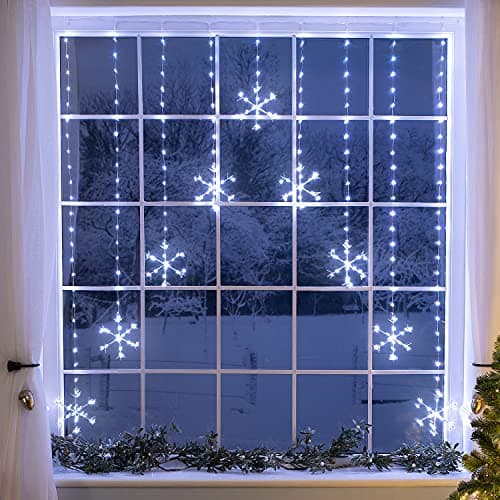 Image of CHRISTOW Christmas Curtain Lights for Windows, 9 Snowflake String Light Decoration, 325 White Micro LEDs, Indoor Outdoor Home Garden Xmas Lighting, Mains Powered with 5m Cable (H1.2m x W1.2m)
