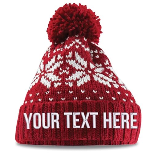 Image of Personalised Fair Isle Christmas Knit Pom Pom Beanie Custom Text Embroidery Bobble Hat Xmas Theme Pattern Winter Men Women, One Size, Red/White