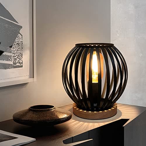 Image of HHMTAKA Metal Cage LED Bedside Table Lamp Wooden Base Desk Lamp 19cm High Decorative Bedside Lamp with Edison Bulb for Bedroom Living Room Guest Room Weddings Parties Patio(Circle Shape)
