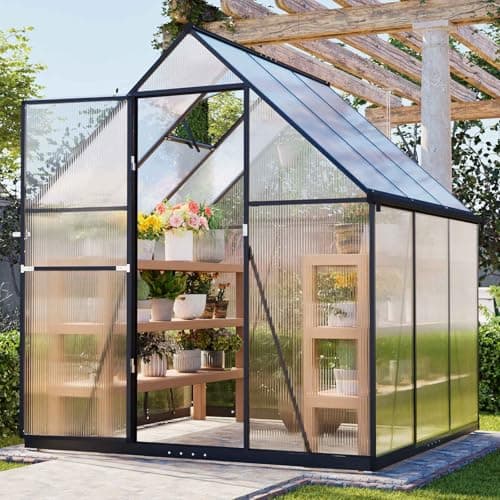 Image of BIRCHTREE 6X6FT Walk-In Greenhouse Outdoor, Polycarbonate Green House Aluminium Frame, Integrated Rain Gutters, Rainproof Snow&Frost Protection for Garden Plants Steeple Plastic Grow House Dark Grey