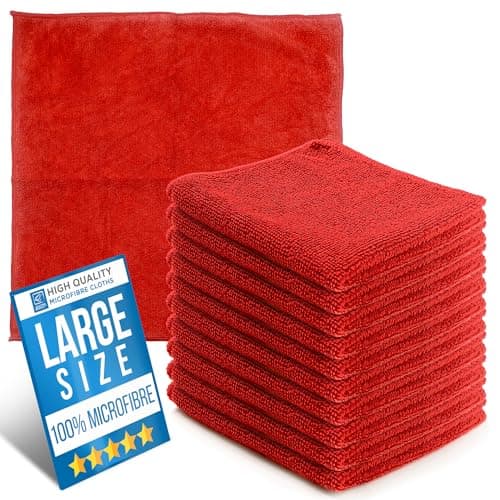 Image of Microfiber Cleaning Cloth, Large Size 40x40cm, Super Absorbent Lint Free Microfibre Cloths Cleaning for Home, Kitchen, Surface, Mirrors, Bathrooms, Motorbike, Car (Red, 10)